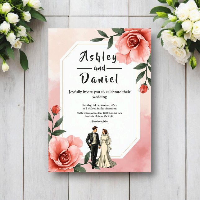 Invitation Dusty Pink Romantic Bride And Groom Floral Wedding (Créateur téléchargé)