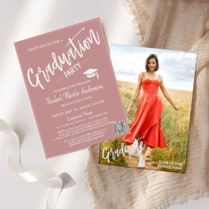 Invitation Dusty Pink Script QR Code Photo Graduation Party