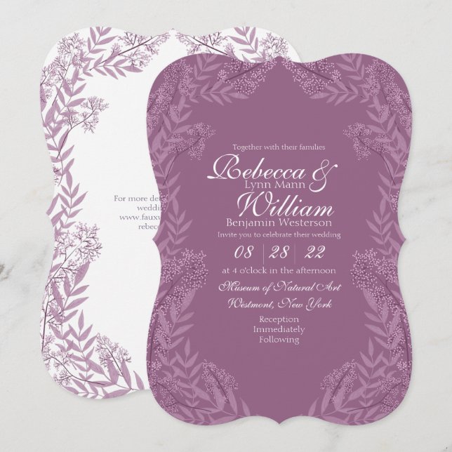 Invitation Dusty Plum Mariage Botanique Vintage (Devant / Derrière)