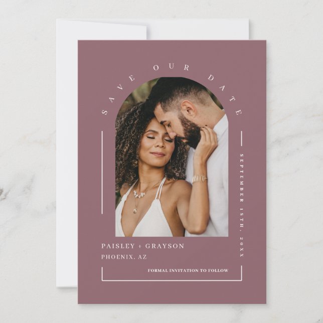 Invitation Dusty Purple Boho Arch Photo QR Code Enregistrer n (Devant)