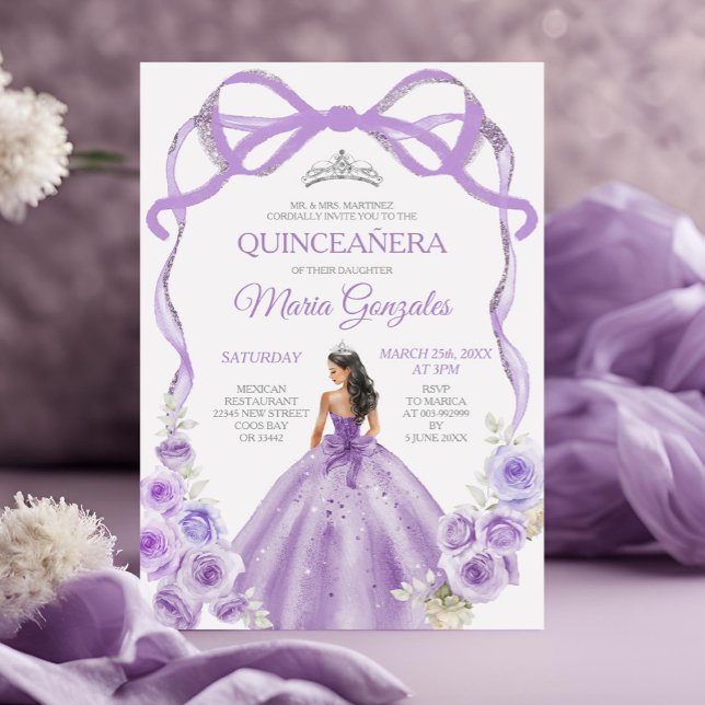Invitation Dusty Purple Bow Princess Silver Crown Quinceañera (Créateur téléchargé)