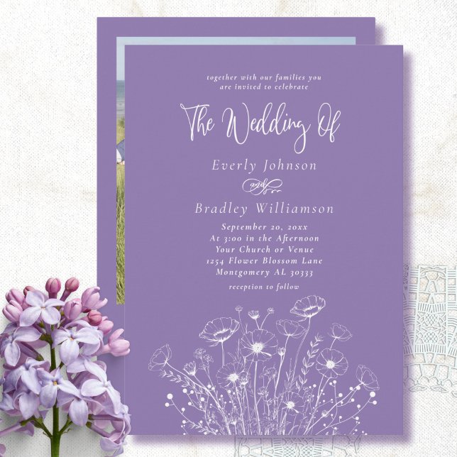 Invitation Dusty Purple Fleur sauvage QR Code Mariage photo (Créateur téléchargé)