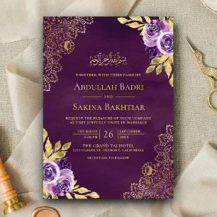 Invitation Dusty Purple Floral Lace QR Code Mariage musulman