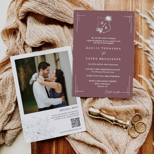 Invitation Dusty Purple Floral Mariage Crest QR Code Photo
