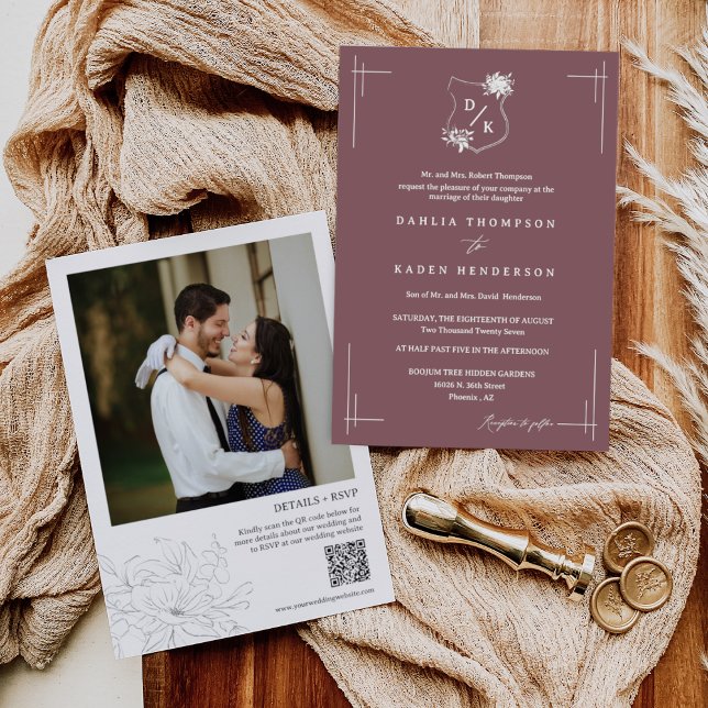 Invitation Dusty Purple Floral Mariage Crest QR Code Photo (Créateur téléchargé)