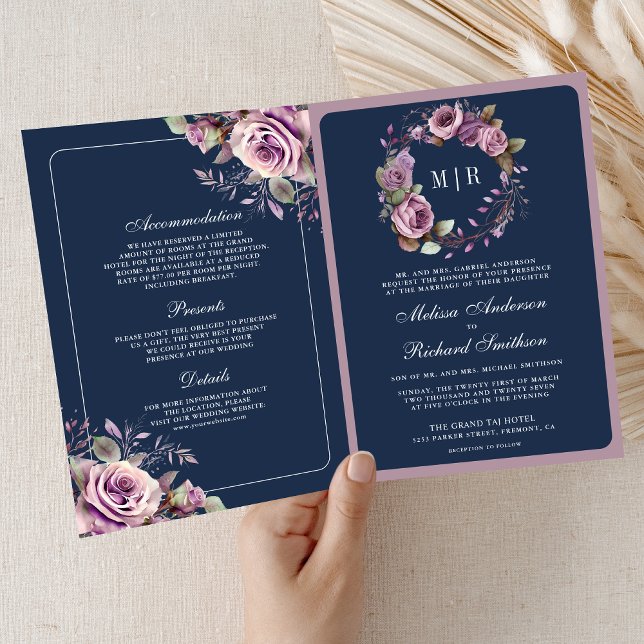 Invitation Dusty Purple Floral QR Code Navy Blue Wedding (Créateur téléchargé)