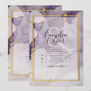 Invitation Dusty Purple Gold Alcohol Encre Mariage Abstrait