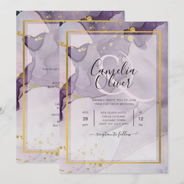 Invitation Dusty Purple Gold Alcohol Encre Mariage Abstrait (Devant / Derrière)