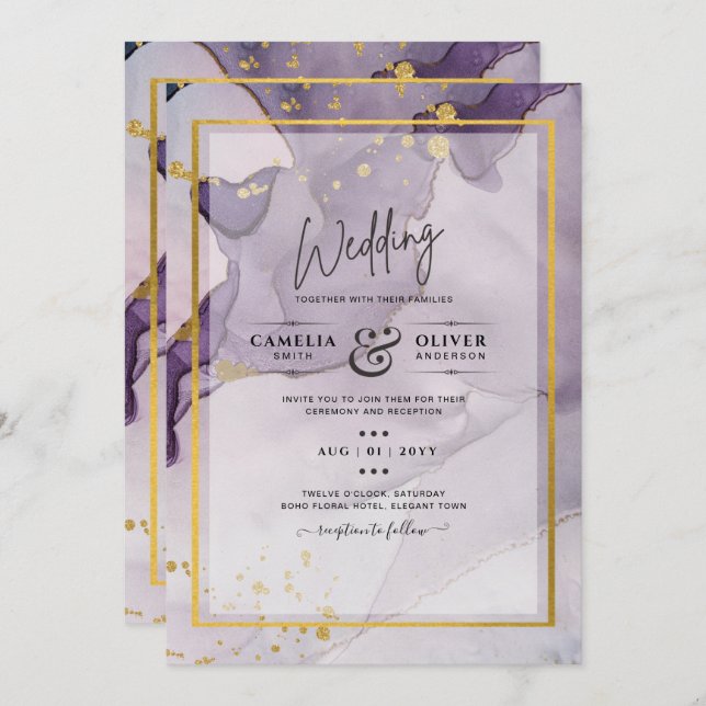 Invitation Dusty Purple Gold Alcohol Encre Mariage Abstrait (Devant / Derrière)