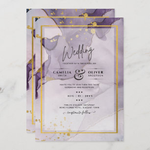 Invitation Dusty Purple Gold Alcohol Encre Mariage Abstrait
