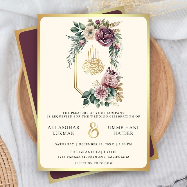 Invitation Dusty Purple Gold Floral Crest Mariage musulman (Créateur téléchargé)