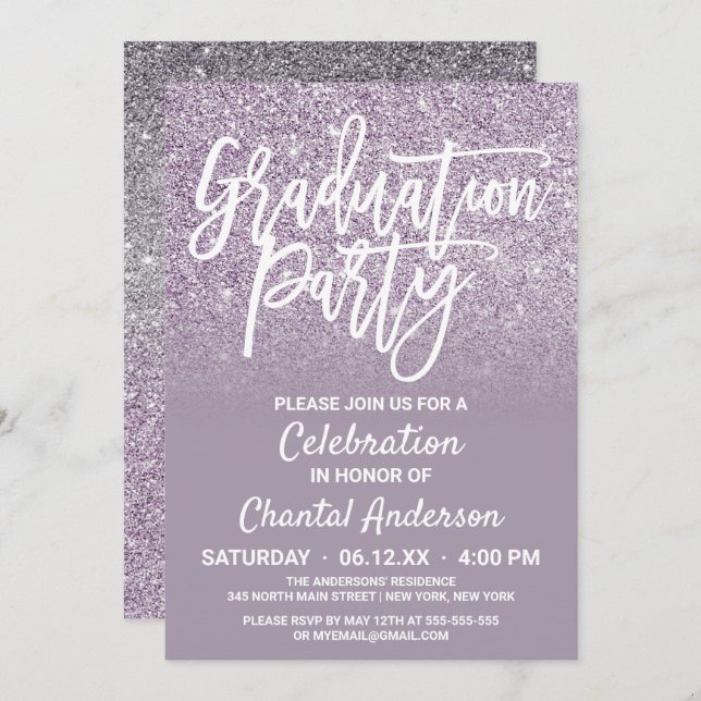 Invitation Dusty Purple Grey Faux Parties scintillant Ombre G (Devant / Derrière)