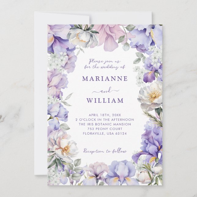 Invitation Dusty Purple Iris & White Peony Mariage botanique (Devant)