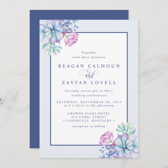 Invitation Dusty Purple Mariage botanique Succulent (Devant / Derrière)