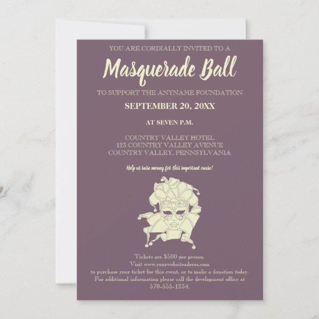 Invitation Dusty Purple Masquerade Ball collecte de fonds Gal (Devant)