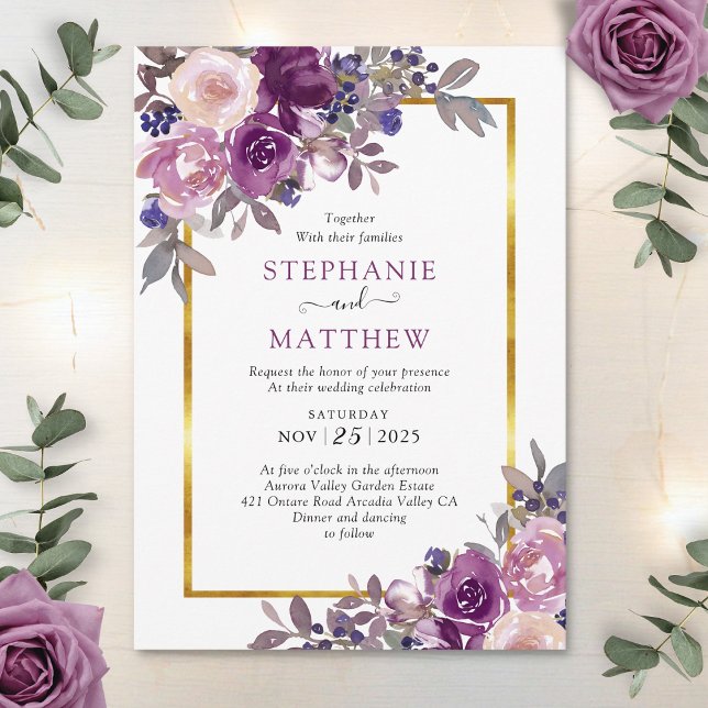 Invitation Dusty Purple Mauve Botanique Mariage frontière or (Créateur téléchargé)