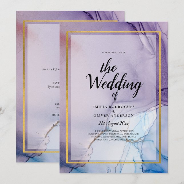Invitation Dusty Purple Navy Blue Gold INK Wedding INVITE (Devant / Derrière)