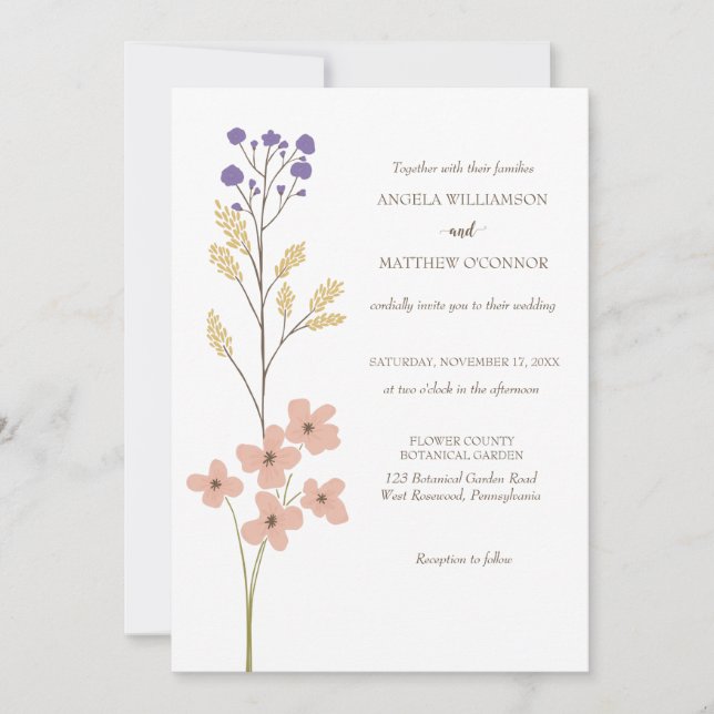 Invitation Dusty Purple, Peach Simple Floral Mariage (Devant)