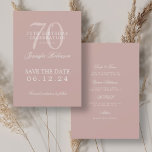 Invitation Dusty Rose 70th Birthday Enregistrer la date avec<br><div class="desc">Design élégant "70th Birthday Party" avec un script de typographie formel,  nom personnalisé et texte de détails. Facile à utiliser et facile à personnaliser. Commandez aujourd'hui !</div>