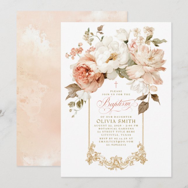 Invitation Dusty Rose and Beige Earthy Botanical Baptism (Devant / Derrière)