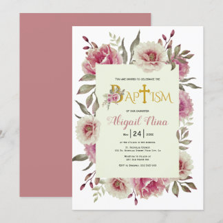 Invitation Dusty rose aquarelle fleurs fille floral baptême