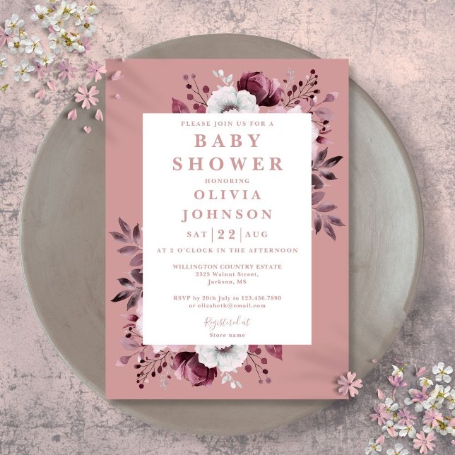 Invitation Dusty Rose Aquarelle Pays Baby shower Floral (Dusty Rose Watercolor Country Floral Baby Shower Invitation)