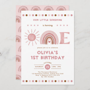 Invitation Dusty rose arc-en-ciel et soleil fille 1er anniver