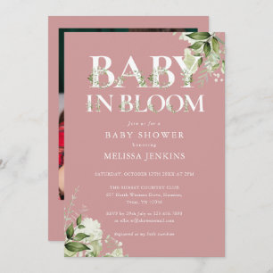 Invitation Dusty Rose Baby In Bloom Foliage Baby shower photo
