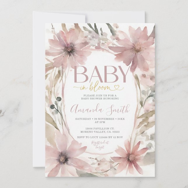Invitation Dusty rose bébé en fleurs Fleurs Fille Baby shower (Devant)