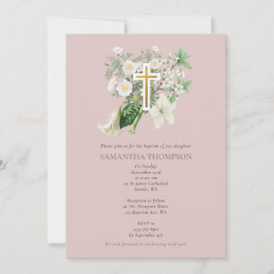 Invitation Dusty Rose Blanc Floral Croix Religieux Baptême