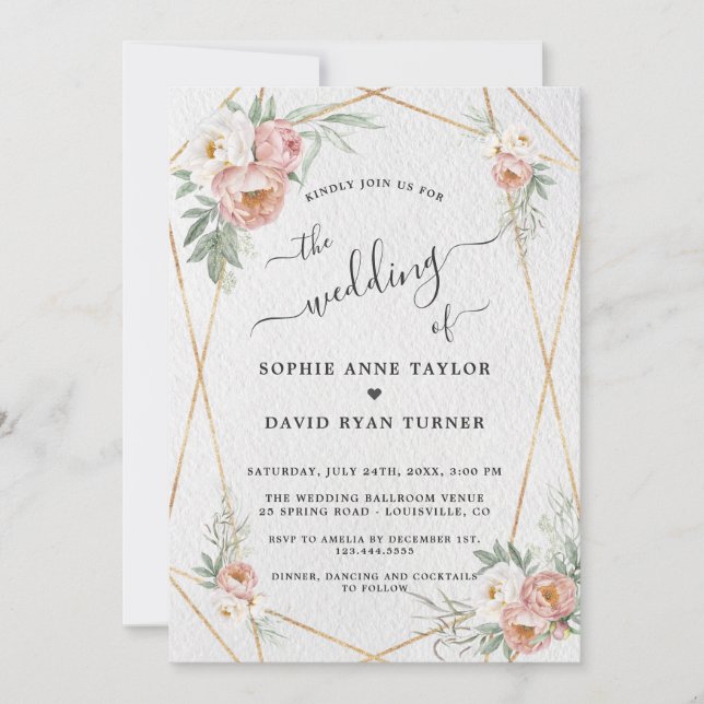 Invitation Dusty Rose blanc Floral or Mariage de calligraphie (Devant)