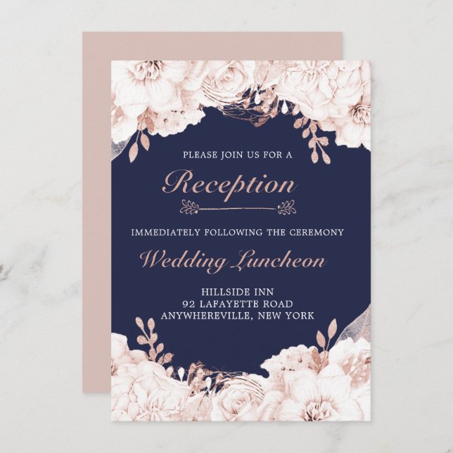 Invitation Dusty Rose Blanc Lush Floral Navy Blue Réception (Devant / Derrière)