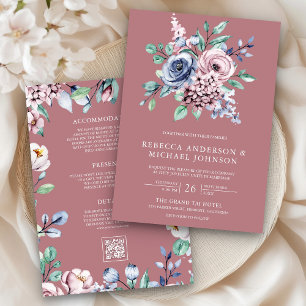 Invitation Dusty Rose bleu rose floral QR Code Mariage