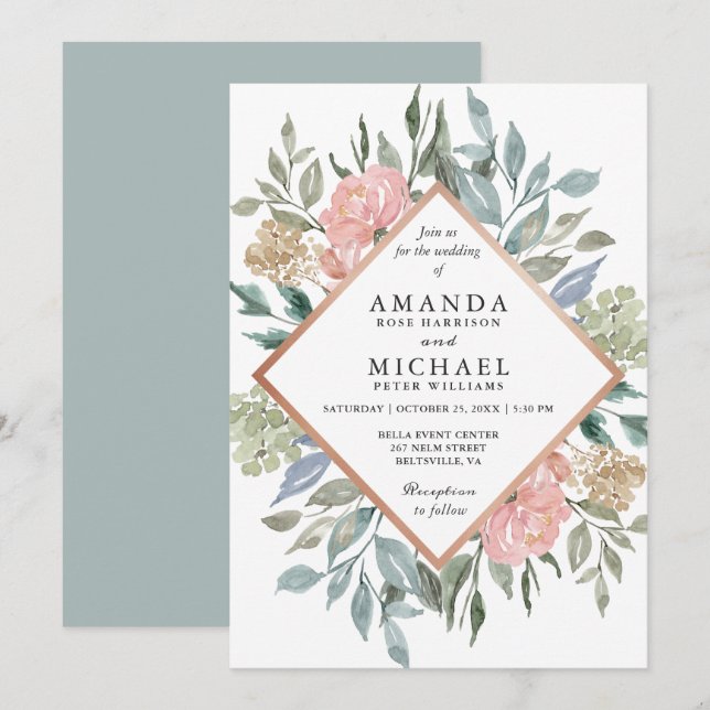 Invitation Dusty rose bleu vert rustique Mariage floral sauva (Devant / Derrière)