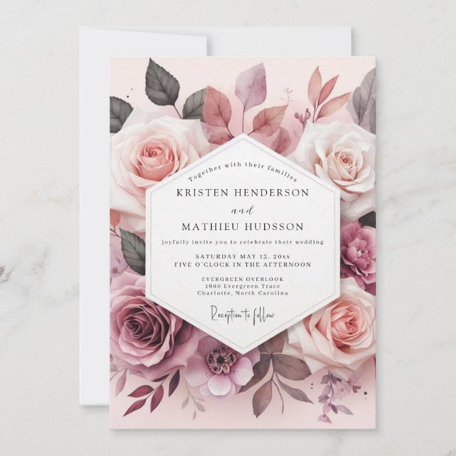 Invitation Dusty Rose Blossom Romance Wedding (Devant)