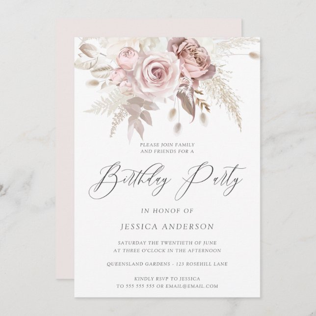Invitation Dusty Rose Blush Boho Ivory Floral fête d'annivers (Devant / Derrière)