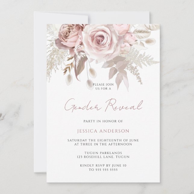 Invitation Dusty Rose Blush Floral Genre Revevela Party (Devant)