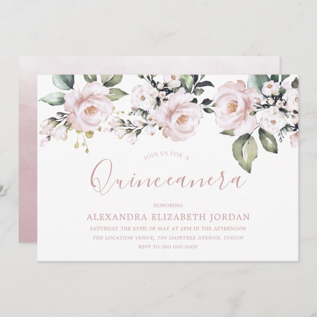Invitation Dusty Rose Blush rose Fleurs Quinceanera Party (Devant / Derrière)