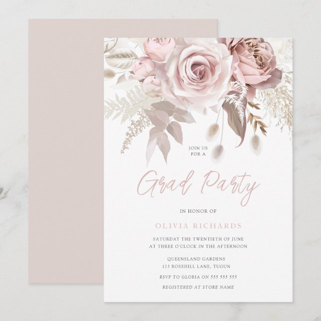 Invitation Dusty Rose Blush Rose Roses Grad Party Grad Grad G (Devant / Derrière)