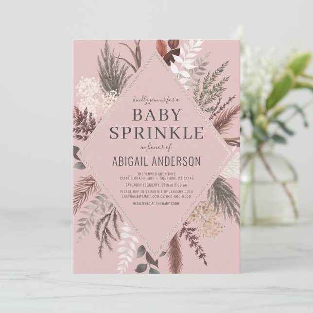 Invitation Dusty Rose Boho Floral Pampas Grass Baby Sprinky (Debout devant)