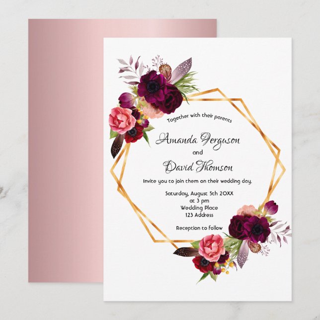 Invitation Dusty rose bordeaux floraux or mariage géométrique (Devant / Derrière)