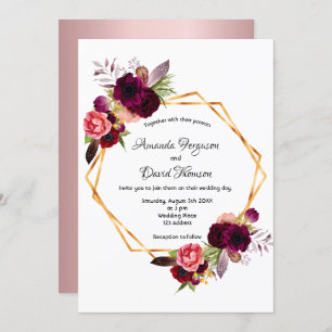 Invitation Dusty rose bordeaux floraux or mariage géométrique