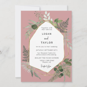 Invitation Dusty rose Botanical Greenery Gold QR Code Photo