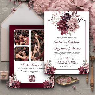 Invitation Dusty rose Bourgogne cadre floral QR Code Mariage