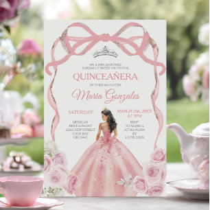 Invitation Dusty rose Bow Princess Silver Crown Quinceañera