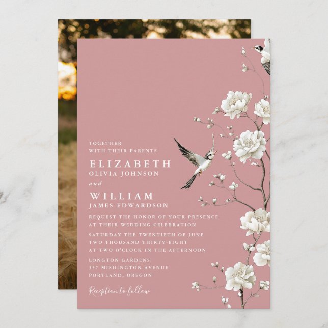 Invitation Dusty Rose Chinoiserie Floral Garden Wedding Photo (Devant / Derrière)