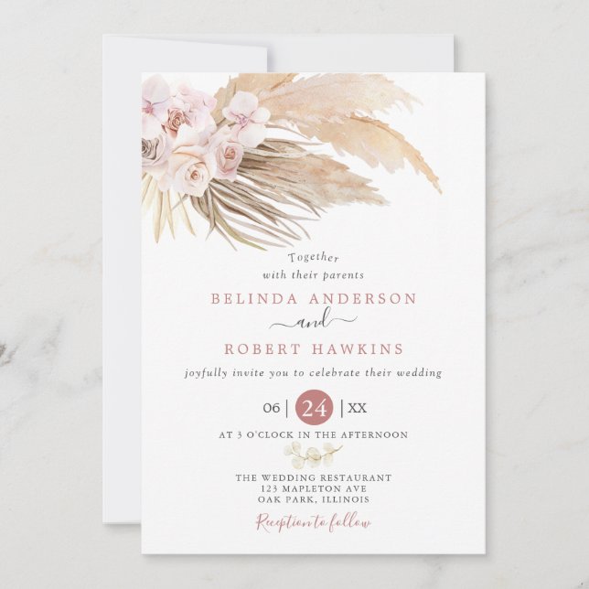 Invitation Dusty Rose Desert Boho Pampas Mariage en herbe (Devant)