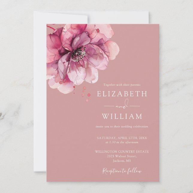 Invitation Dusty Rose Elégant aquarelle Mariage floral (Devant)
