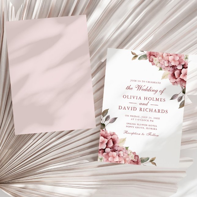 Invitation Dusty Rose Elegant Hydrangea Mariage (Dusty Rose Elegant Hydrangea Wedding Invitation on a sunny neutral dry palm leaf.)