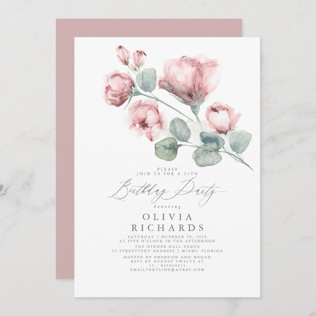 Invitation Dusty rose Élégant Romantique Floral Anniversaire (Devant / Derrière)
